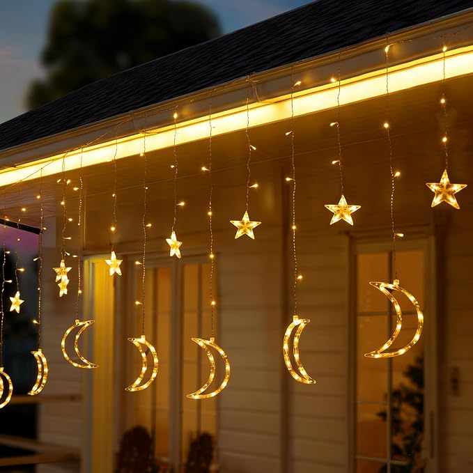 TW SHINE Ramadan Star Moon Curtain String Lights, 138 LED 8.2 FT Star Moon Hanging Lights with 8 Modes and Timer, Waterproof Fairy Lights for Indoor Outdoor Window Holiday Mubarak Ramadan Decorations