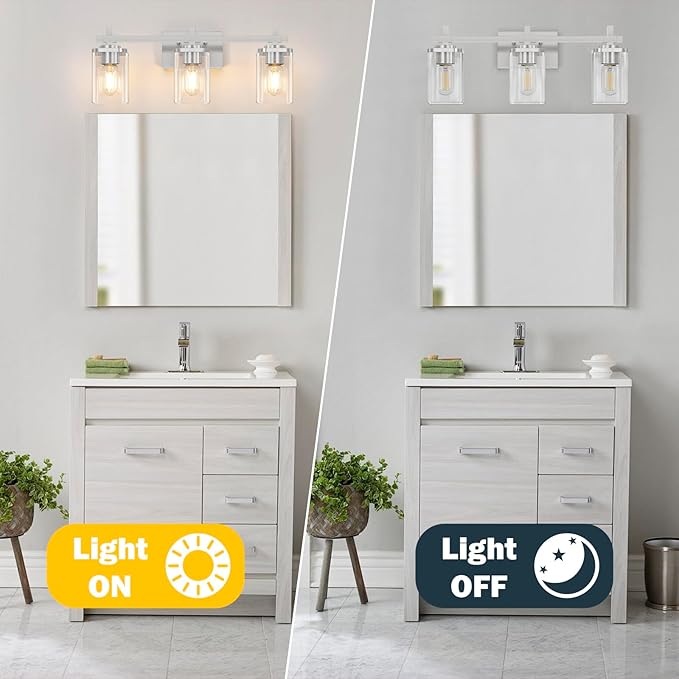 Brushed Nickel Bathroom Light Fixtures, 3-Lights Bathroom Vanity Light with Glass Shades, Modern Vanity Lights for Mirror, Wall Lights for Living Room, Hallway, Cabinet, E26 Base