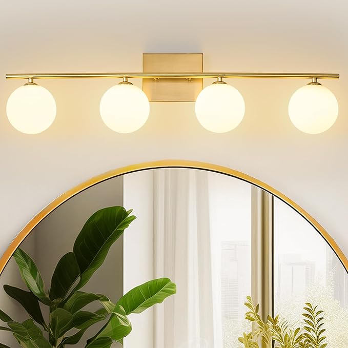 4-Light Bathroom Light Fixtures, 32" Modern Brushed Gold Vanity Lights with Milk Glass Shade, Bathroom Wall Lamp for Mirror Kitchen Living Room Hallway (G9 Bulb)