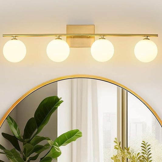 4-Light Bathroom Light Fixtures, 32" Modern Brushed Gold Vanity Lights with Milk Glass Shade, Bathroom Wall Lamp for Mirror Kitchen Living Room Hallway (G9 Bulb)