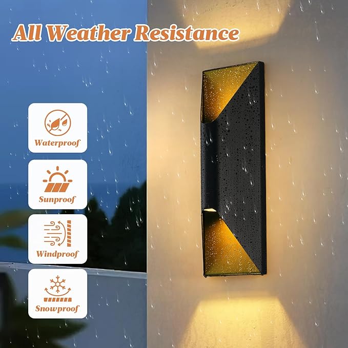 Outdoor Wall Light Fixture, 15" Up and Down Waterproof Porch Wall Sconce, Replaceable Bulb, 3000K LED, Modern Black Outside Lights for House, Front Door, Garage