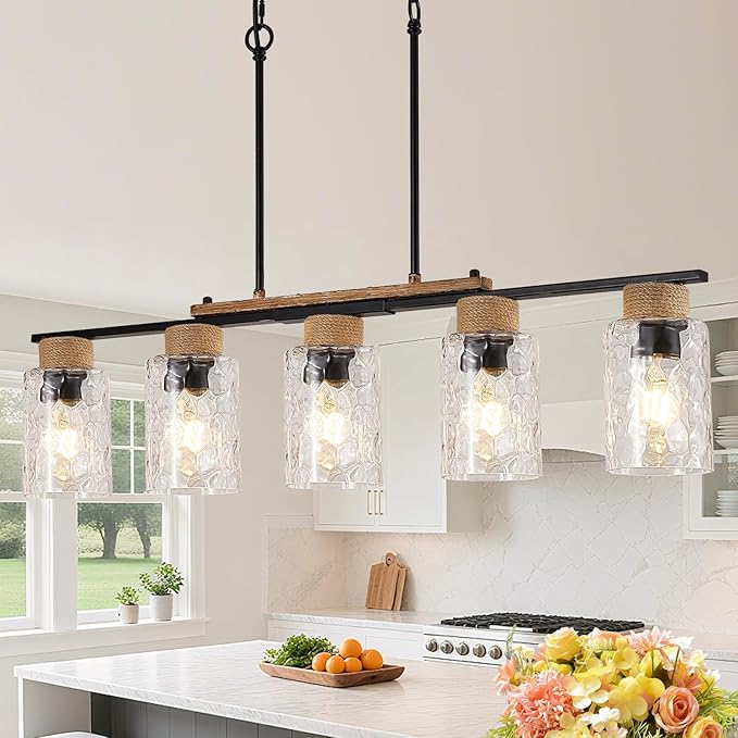 35" Dining Room Light Fixture/Chandelier Over Table, 5-Light Matte Black Kitchen Island Lighting with Clear Glass Shade, Modern Hanging Pendant Lights Fixture for Kitchen Island, Dining Room, Bar