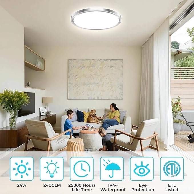 zemty 6Pack 6.5Inch LED Ceiling Lights Brushed Nickel, 12W 1200lm Small Flush Mount Light Fixture, 3000K/ 4000K/ 6500K Round Flat Recessed Ceiling Lights for Kitchen, Closet, Hallway,Pantry