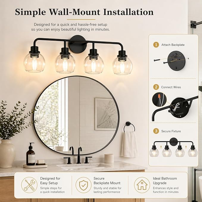 DORESshop Built to Last 20 Years Bathroom Light Fixtures, 4-Light Vanity Lights Over Mirror, Black Wall Lamp with Clear Glass for Living Room Decor Bedroom Porch Cabinet