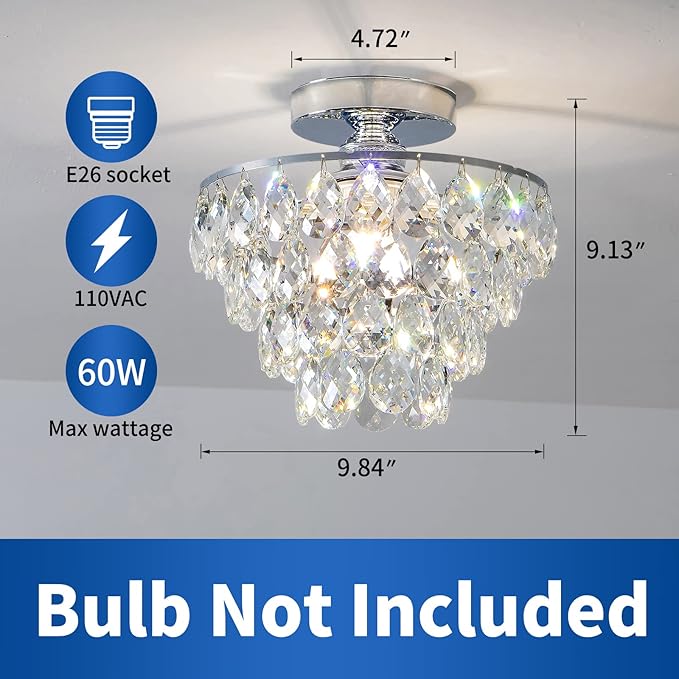 CM MZY Mini Crystal Chandelier Ceiling Light Small, Modern Chrome Crystal Flush Mount Ceiling Light, E26 Base Farmhouse Ceiling Lighting Fixture for Bedroom Bathroom Closet Hallway Kitchen