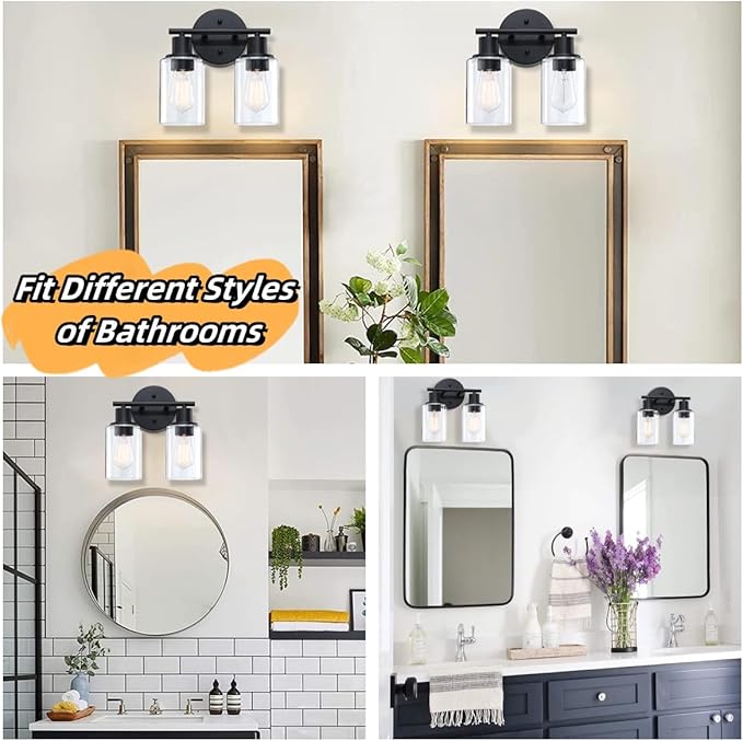 WISBEAM 2-Light Bathroom Vanity Light, Black Bathroom Light Fixtures with Clear Glass Shade Including E26 Medium Base, Bulb NOT Included, Vanity Light Over Mirror