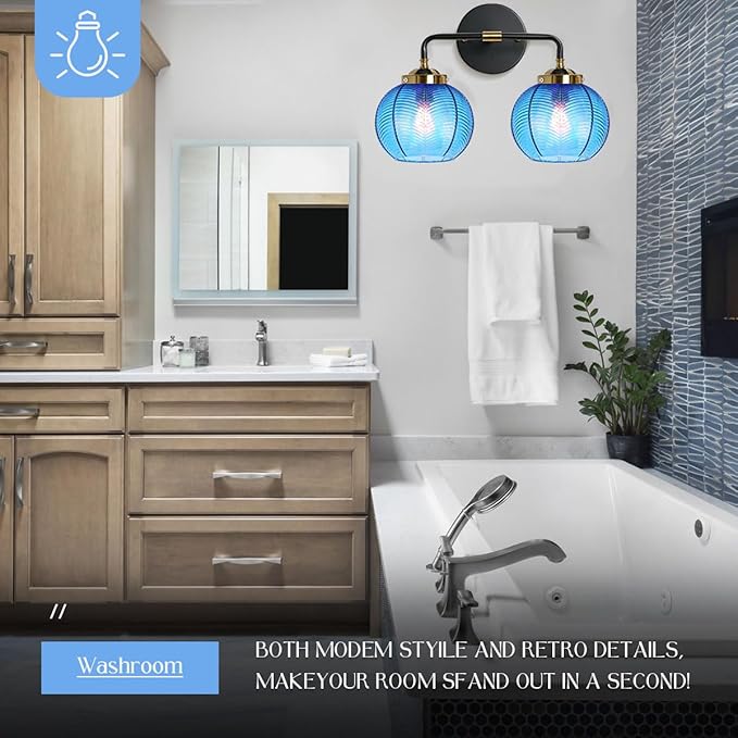 Bathroom Light fixtures Over Mirror Mid Century Vanity Light with Blue Ribbed Glass Shade Globe Wall Sconce 2-Lights Modern Vanity Lights for Dining Room Bedroom Hallway Overhead