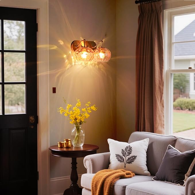 Brushed Gold Vanity Light Amber Hammered Glass Wall Sconce 2-Light Brass Wall Lamp for Hallway Living Room Stairwell Bathroom Over Mirror