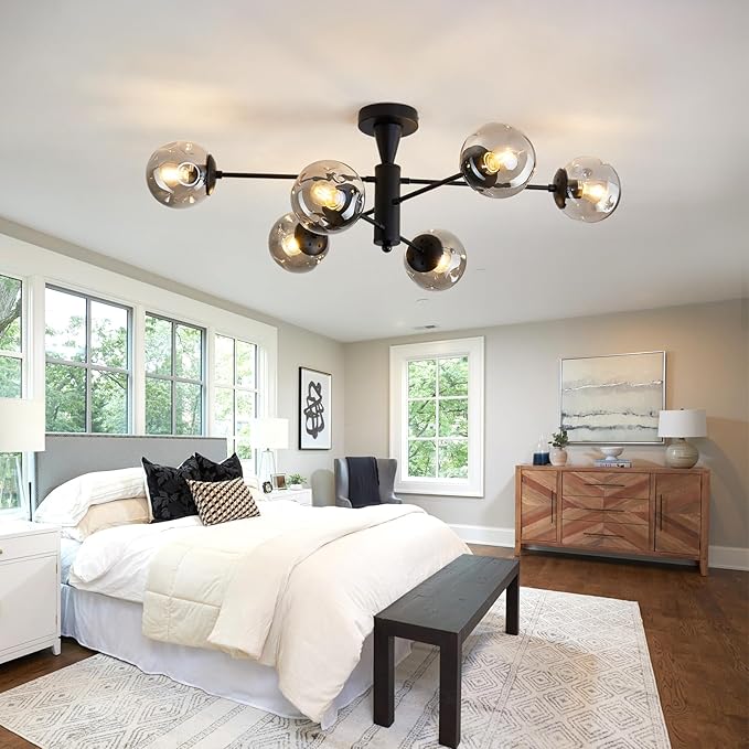 hesoge Modern Sputnik Ceiling Lights Black Semi Flush Mount Ceiling Fixture with Glass Globes 6 Light Chandelier for Dining Room Bedroom Living Room Kitchen Farmhouse.