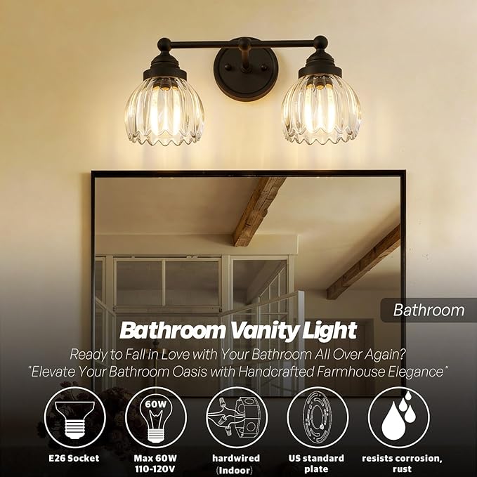 Vintage Double Arm Tulip Glass Wall Sconce Lighting, 2-Lights Bathroom Vanity Light Fixture for Hallway Bedroom Living Room Bedside Nightstands Lights