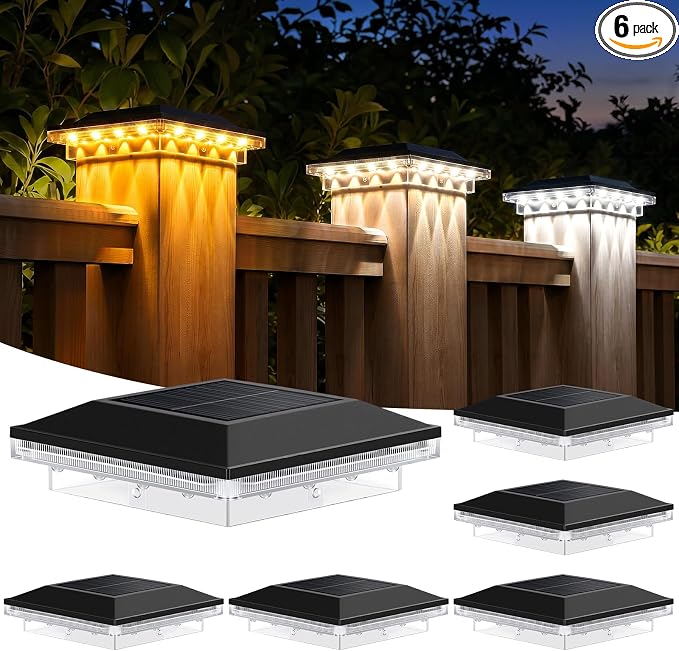 Brightever 4x4 Solar Post Cap Lights Outdoor with 3 Lighting Modes, 6-Pack Solar Powered Fence Post Lights Waterproof Fits Wooden/Vinyl Posts, Solar Deck Post Lights for Garden Patio Porch, Black
