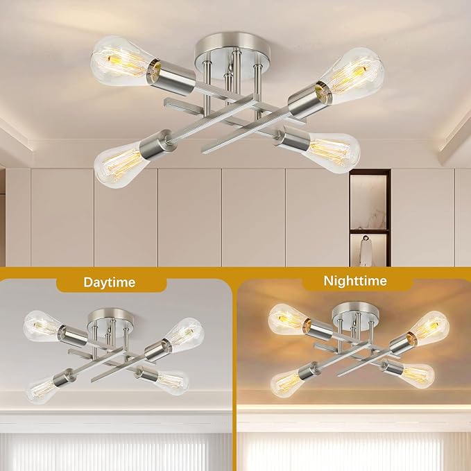 Ceiling Light, Dining Room Light Fixture with E26 Base, Semi Flush Mount Ceiling Light Fixture, Kitchen Lighting Fixtures Ceiling, 4-Light Matte Nickle Chandelier for Bedroom