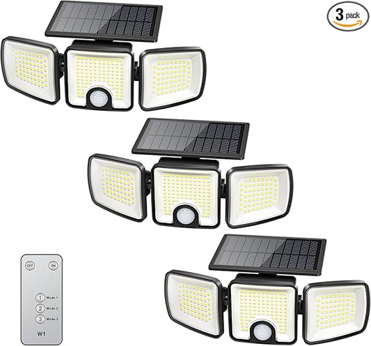 Brightown 3 Pack Solar Outdoor Lights, 2500LM 223 LED Solar Flood Outdoor Lights with Motion Sensor 3 Modes, 3 Head 270° Wide Angle Street Area IP65 Waterproof Security Wall Lights with Remote