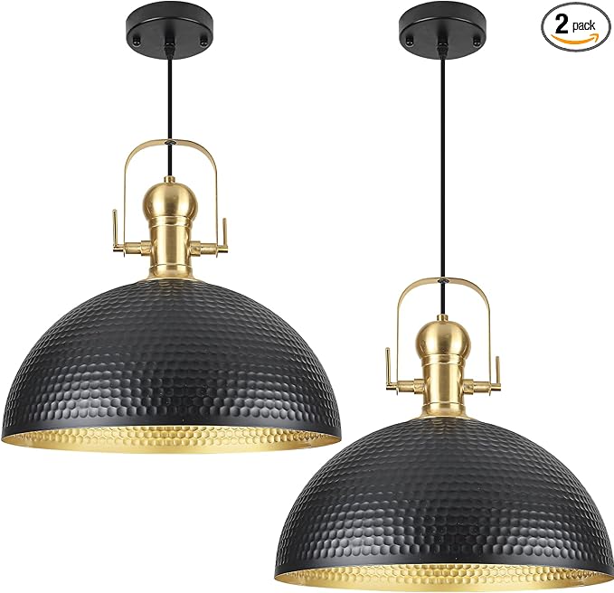 15.7 Inch Black Pendant Light 2 Pack, Hammered Industrial Pendant Lights，Adjustable Height, Large Dome Pendant Light Fixtures for Kitchen, Dining Room, Bedroom,Bar