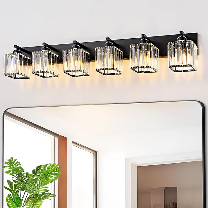 Modern Black Crystal Bathroom Vanity Light for Bathroom 6 Light Vanity Lighting Fixtures Over Mirror Wall Sconce