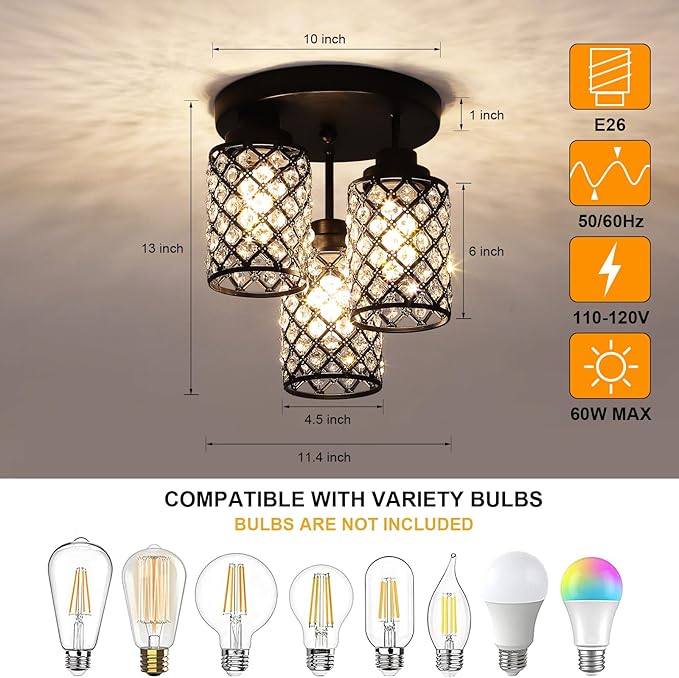 Semi Flush Mount Ceiling Light, 3-Light Close to Ceiling Light Fixtures with Crystal Metal Shade, Modern Crystal Chandelier for Bedroom Entryway Kitchen Hallway