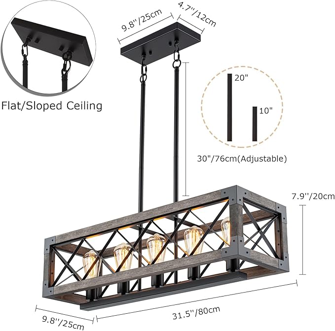 Lingkai Kitchen Island Lighting, 32 Inch 5 Light Farmhouse Linear Chandelier Dining Room Pool Table Pendant Light Fixtures, Rustic Wood Grain Finish