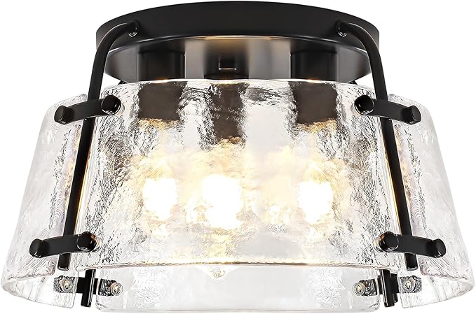 Modern Black Semi Flush Mount Ceiling Light 3-Light Hammered Glass Kitchen Lighting Fixtures Ceiling Hallway Lights Flush Mount Chandelier for Entryway Dining Room Bathroom Bedroom Foyer Lighting