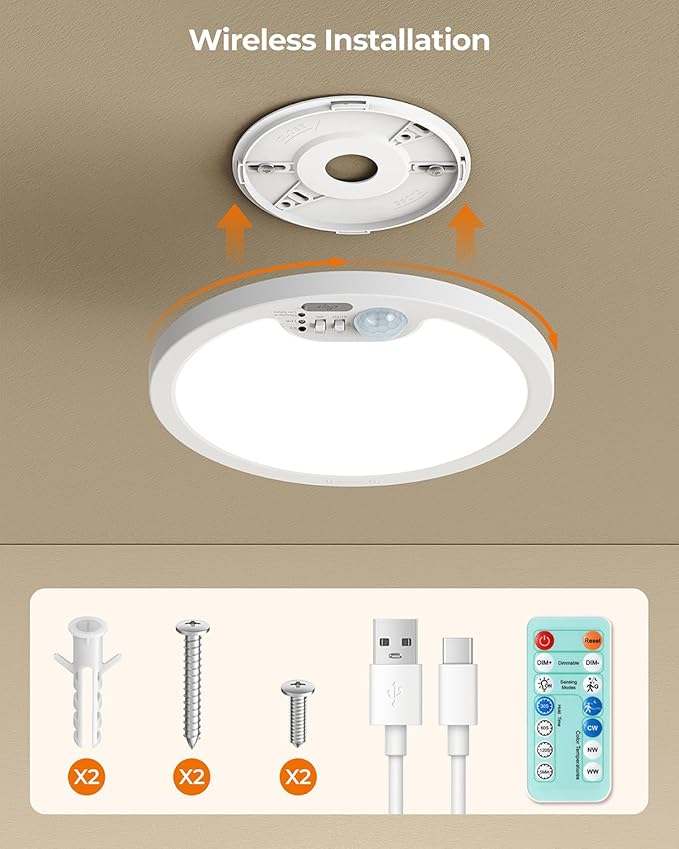 BLNAN Rechargeable Motion Sensor Ceiling Light with Remote, Dimmable Closet Light, LED Shower Lights, Waterproof Battery Operated Ceiling Light for Closet Shower Stairs Shed Hallway Porch