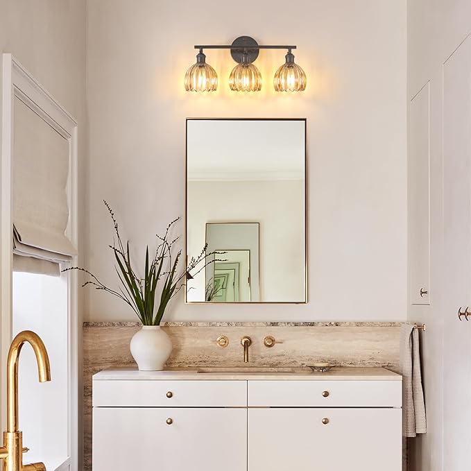 Shenmoyl Bathroom Light Fixtures, 3-Light Black Vanity wall Light Over Mirror with Amber Tulip Glass Shade for Bedroom Living Room (Bulb Not Included)