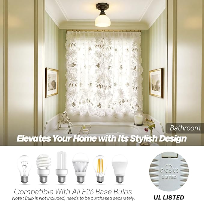 Modern Schoolhouse Semi Flush Mount Ceiling Light,Black Close to Ceiling Light Fixtures with Hand-Blown Glass Hallway Light Fixtures for Laundry Entryway Kitchen Bathroom Bedroom E26 Base