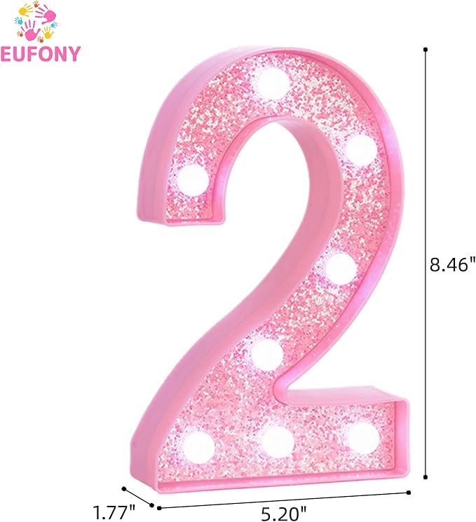 Pink Light Up Marquee Numbers, Glitter LED Number Lights Sign Battery Operated for Girls 2nd Pink Birthday Party Table Decorations, 2026 Graduation Decor, 8 Inch Number 2 with Cool White Lights