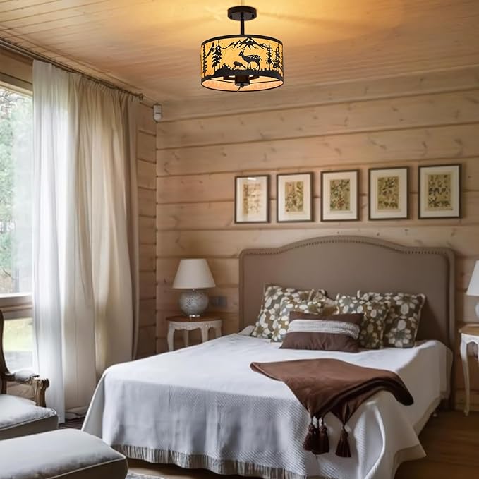Rustic Semi-Flush Mount Ceiling Light Fixture with Slanted Installation and Lampshade, E12 Base 3-Light Round Black Metal Fixtures with Deer and Bear Design - Perfect for Kitchen, Bedroom, Foyer