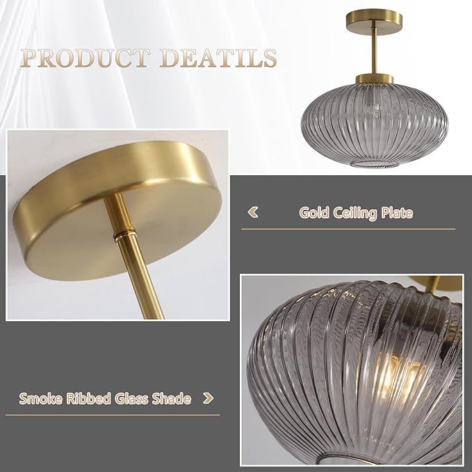 KCO Lighting 1-Light Smoke Glass Semi Flush Mount Ceiling Light Mid Century Bathroom Ceiling Light Fixture Antique Brass Flush Mount Ceiling Light Modern Grey Globe Light