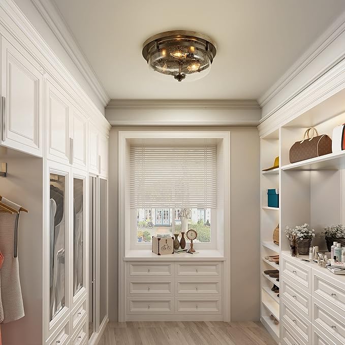 LOG BARN Flush Mount Ceiling Light, Farmhouse Light Fixtures Ceiling with Faux Wood Finish and Seeded Glass Cover, W13.5 x H6.5