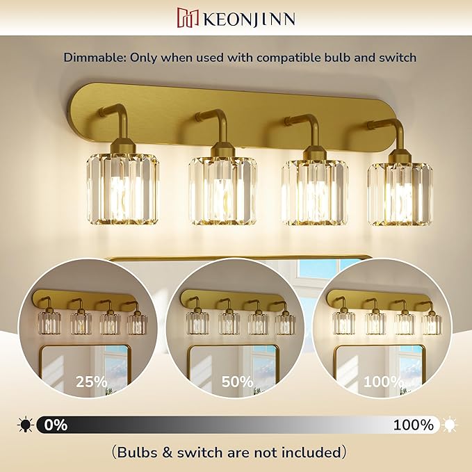 Keonjinn 3-Light Gold Bathroom Light Fixtures, Crystal Bathroom Vanity Lights Over Mirror, Gold Vanity Lighting Fixtures with Crystal Square Shades (E26 Base, Blub Not Included)