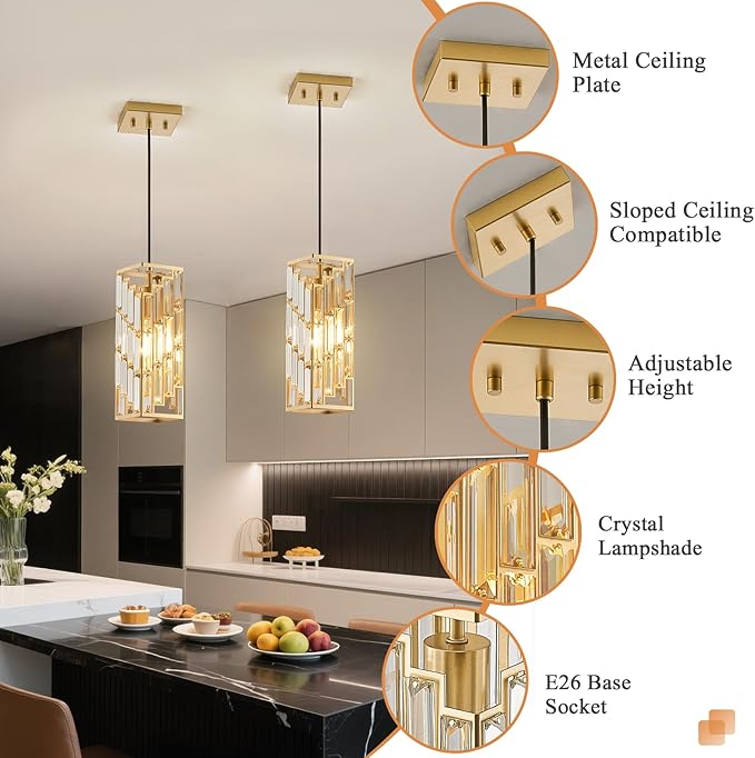 Gold Pendant Lights Kitchen Island 2 Pack, Adjustable Modern Pendant Light Fixtures, Mini Crystal Chandeliers for Dining Room Bedroom Foyer Hallway