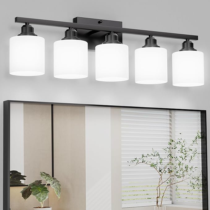 Sailstar 5-Light Bathroom Light Fixtures Over Mirror, Matte Black Vanity Lights, Modern Bathroom Vanity Light, Glass Shade & Anti-Rust Nickel Finished, Bathroom Light for Small Space