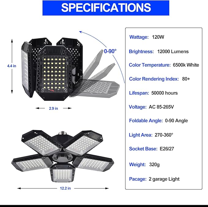 Mefflypee 2 Pack LED Garage Lights, 120W Deformable LED Garage Ceiling Light with 5 Adjustable Panels, 12000LM E26 Shop Lamp for Basement, Barn, High Bay, Store (2 Pack)