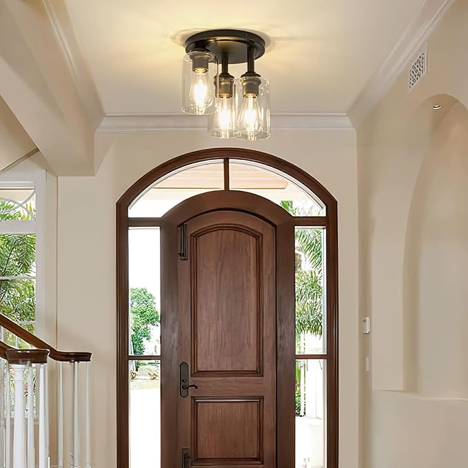 Mayful Semi Flush Mount Ceiling Light, 3-Light Black Fixture with Clear Glass Shade, Cluster Cylinder Design for Kitchen Dining Room Hallway Foyer Entryway