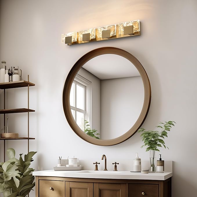 LED Bathroom Vanity Light: 32 inch Brushed Gold Acrylic Modern Lighting Fixtures - 4 Lights Contemporary Smoke Design Wall Lights Fixture Over Mirror 3000K