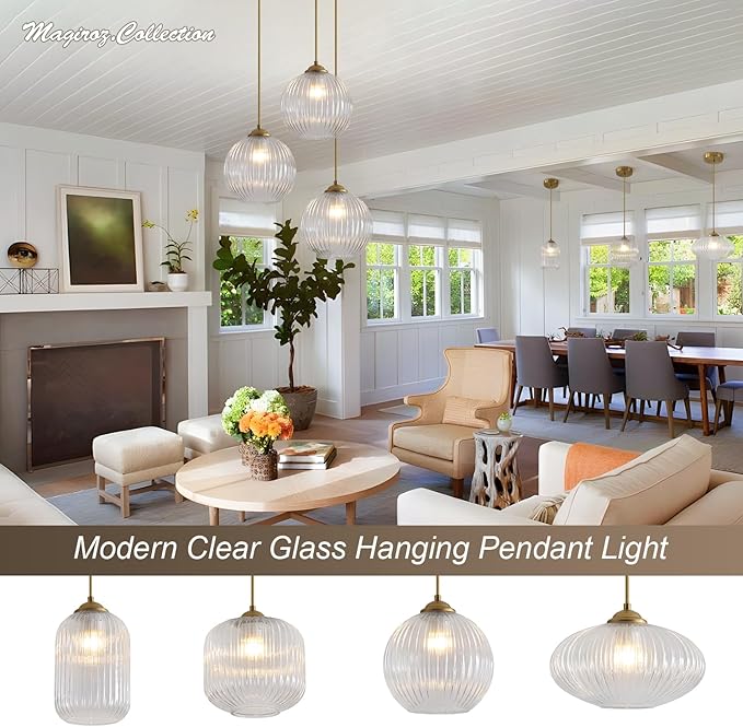 Modern 1 Light Clear Glass Pendant Lights Kitchen Island Large Brushed Gold Pendant Light Vintage Adjustable Height Hanging Globe Ceiling Light Fixture for Dining Room Bedroom Hallway MPL30-B