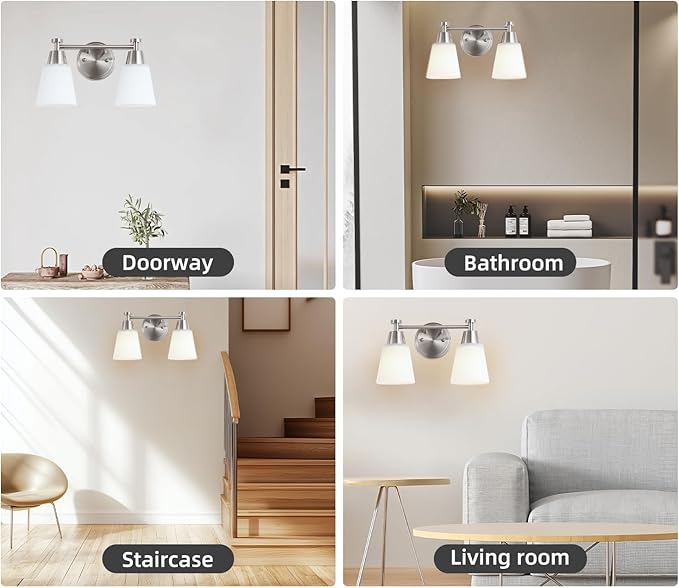 2-Light Bathroom Vanity Light, Brushed Nickel Finish with Milk Glass Shades, Over Mirror, for Bathroom Vanity