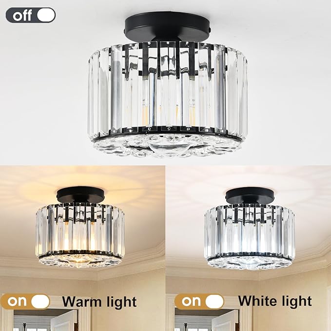 Black Crystal Semi Flush Mount Ceiling Light, Modern Chandelier, 9.06" Diameter, 7.28" Height, Bedroom, Dining Room, Kitchen