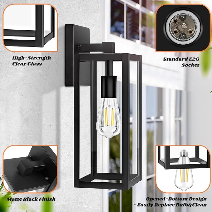 Brightever 2-Pack Outdoor Wall Light, Exterior Waterproof Wall Sconce Light Fixtures, 15" Black Outdoor Wall Lamp with Clear Glass for House, Porch, Front Door, Garage, Patio, Bulbs Not Included