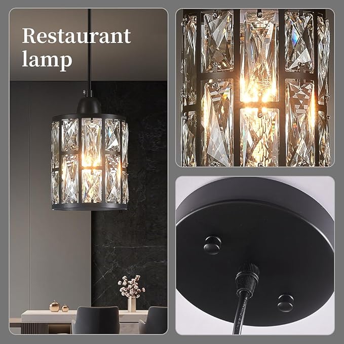 3 Pack Crystal Hanging Kitchen Island Pendant Light Black Finish Concise Fixture Crystal Plate Metal Shade for Bar Dining Room Living Room Over Sink Ceiling