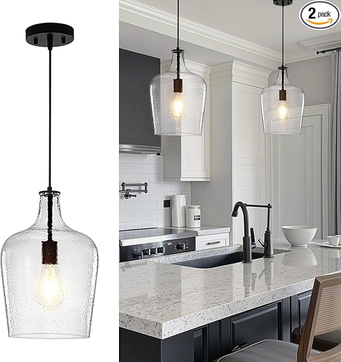 2 Pack 9.3" Glass Pendant Lighting for Kitchen Island,Black Large Pendant Light Fixture with blown Thickened Glass,1 Light Farmhouse Hanging Light for Hallway,Bedroom, Living Room Tall 14 inch