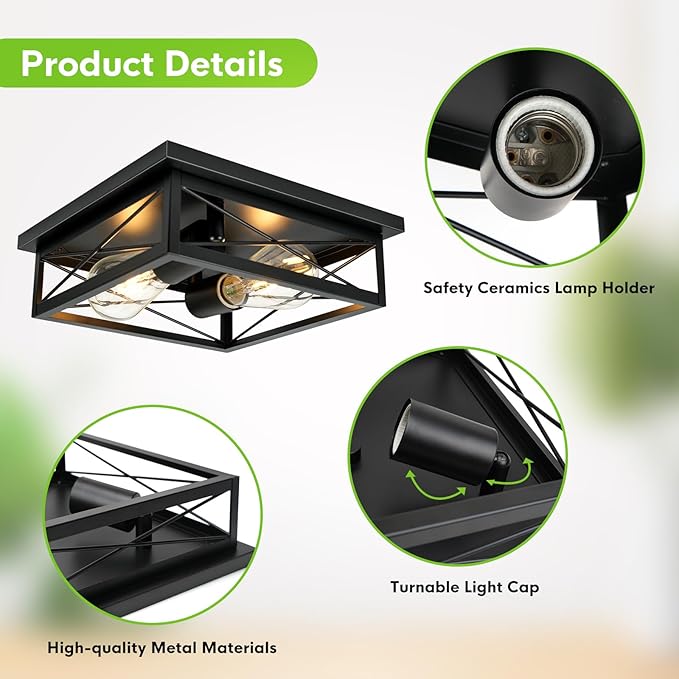 2 Pack Farmhouse Ceiling Light Fixture - Industrial Square Modern Black Flush Mount Ceiling Light for Kitchen, Hallway, Bedroom, Balcony, Porch, Stairway, E26 (Black, 10 Inch)