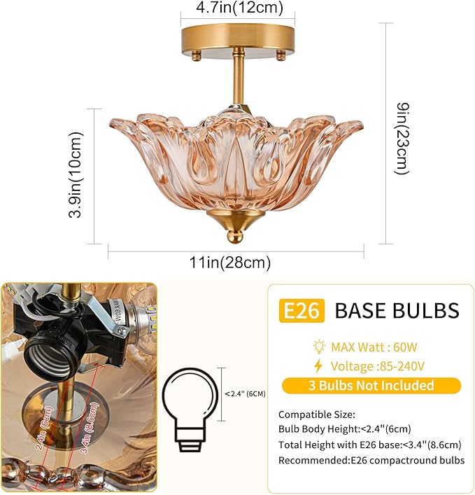 Semi Flush Mount Ceiling Light, Gold Vintage Light fixtures with Floral Amber Glass Shade, Modern Close-to-Ceiling Lighting for Bedroom Kitchen Living Room Hallway