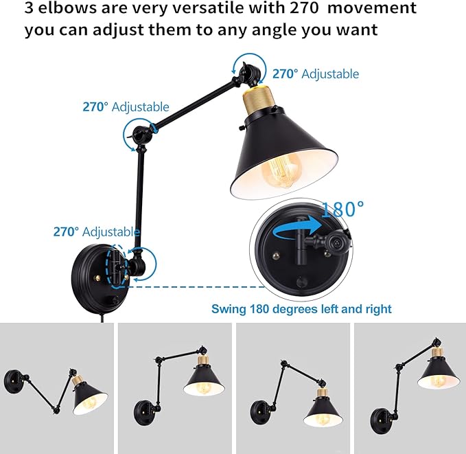 TRLIFE Wall Sconce Plug in, Dimmable Wall Sconce with Switch Swing Arm Wall Lights Plug in Wall Mounted Light Wall Sconces Lighting with 6FT Plug in Cord, E26 Base, UL Listed(Two Arms, 1 Pack)
