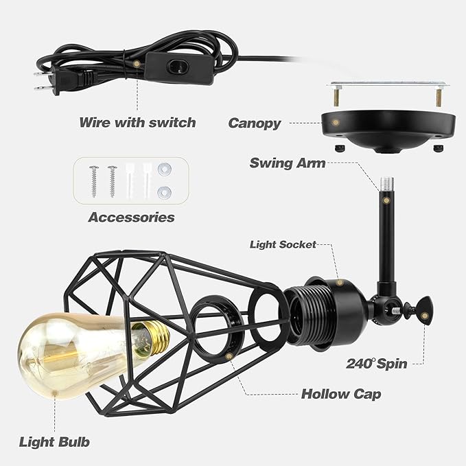 WimiSom Plug in Wall Sconce, Wire Cage, Industrial Wall Lamp with Plug in Cord, Rustic Sconce Fixture, On/Off Switch Vintage Wall Light Fixture for Headboard Bedroom Porch-2 Pack