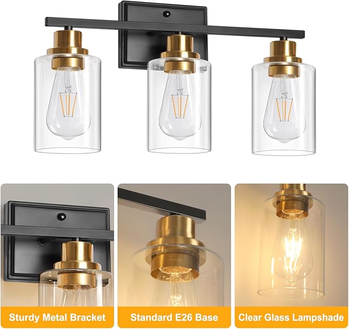 Unicozin 3 Light Bathroom Light Fixtures, Modern Vanity Lights Over Mirror, Black and Gold Wall Lamp with Clear Glass for Living Room Cabinet Bedroom Porch