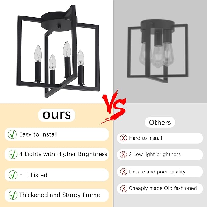 Semi Flush Mount Ceiling Light Fixture, 4-Light Black Ceiling Light Fixture, Modern Farmhouse Industrial Close to Ceiling Lights for Kitchen Living Room Bedroom Hallway Foyer