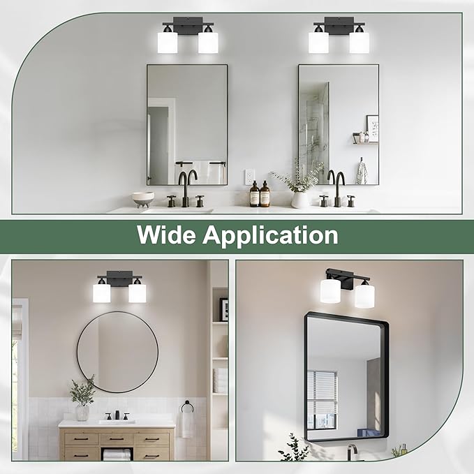 Black Bathroom Lights Over Mirror, Anti-rust Vanity Light Fixture for Bathroom, Modern 2-Light Wall Sconce Light for Living Room, Standard E26 Base, Milky White Glass Shades, Bulbs Not Included