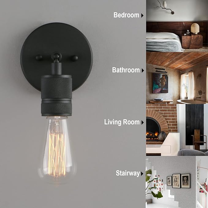 Phansthy 2 Pack Vintage Single Sconce Light Matte Black Simple Industrial Bathroom Wall Sconces, Set of 2 Wall Mount Lighting Fixture (Color: Black)