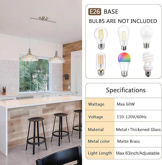 HDDFL Vintage Pendant Lighting Fixtures Modern Glass Hanging Lamp with Adjustable Cord for Kitchen Island Dining Room Hallway 2 Light Brushed Nickel and Clear
